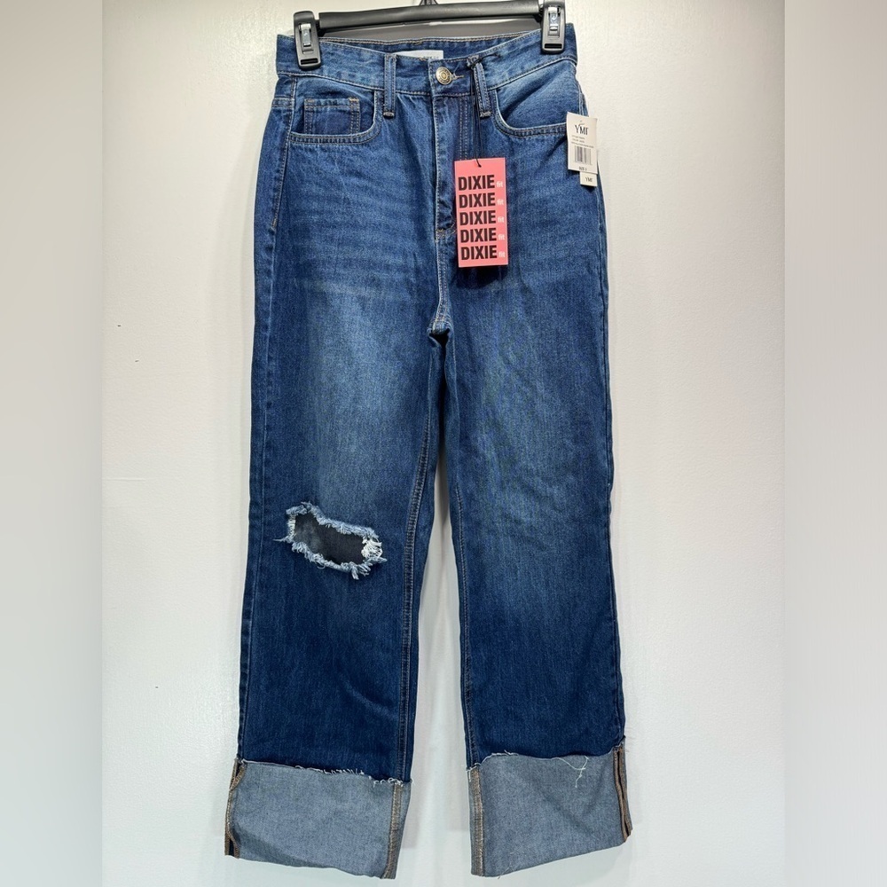 Wide Straight Cuffed Leg Jeans Ripped Distressed Dark Wash Hi Rise YMI DixieFit
